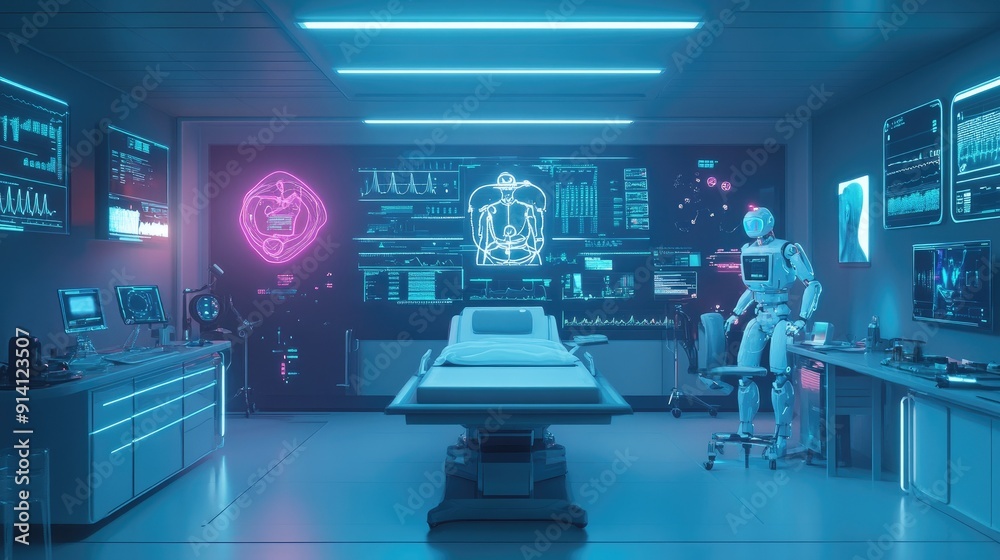 A futuristic medical consultation with AI-powered diagnostic tools, featuring digital robots and holographic patient data. A futuristic medical consultation with AI-powered diagnostic tools, featuring digital robots and holographic patient data.