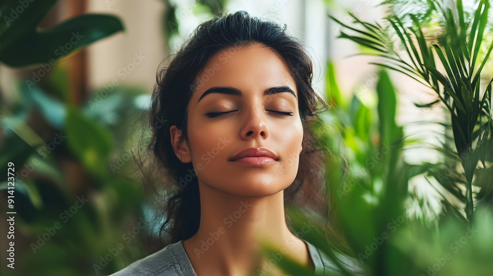 Mindful Woman Meditating in a Serene Setting with Plants for Enhanced Brain Health and Calmness Mindful Woman Meditating in a Serene Setting with Plants for Enhanced Brain Health and Calmness