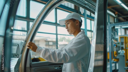 A worker in a white uniform inspects a car door during the manufacturing process in a brightly lit factory setting.