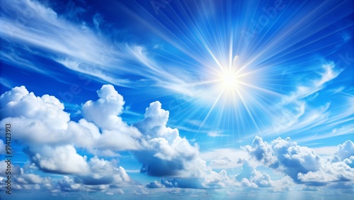 Vibrant blue sky with soft, feathery white clouds, gentle sunbeams, and a serene atmosphere, perfect as a stunning background for cover photos and wallpapers.