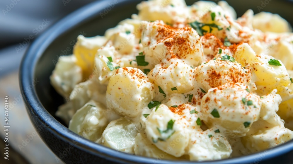A bowl of creamy potato salad garnished with paprika and fresh herbs, ready to be served at a gathering. A bowl of creamy potato salad garnished with paprika and fresh herbs, ready to be served at a gathering.