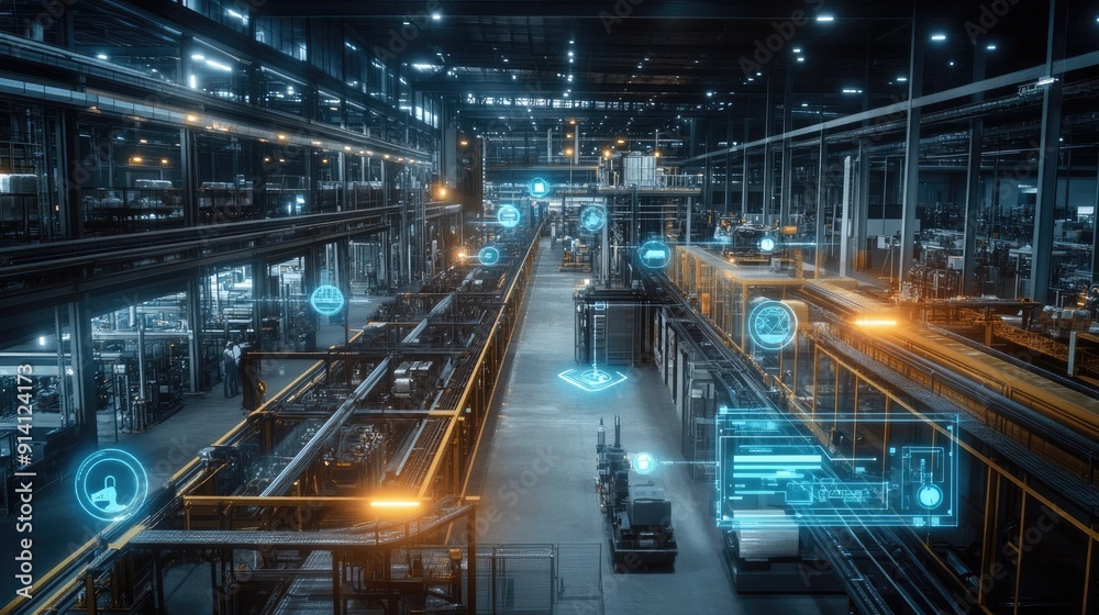 A high-tech manufacturing plant with icon graphics representing the seamless integration of AI, robotics, and IoT in Industry 4.0. A high-tech manufacturing plant with icon graphics representing the seamless integration of AI, robotics, and IoT in Industry 4.0.