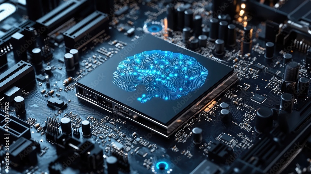 Fototapeta premium A motherboard with a brain-inspired design, emphasizing advanced technology and AI. The board supports 12th Core processors