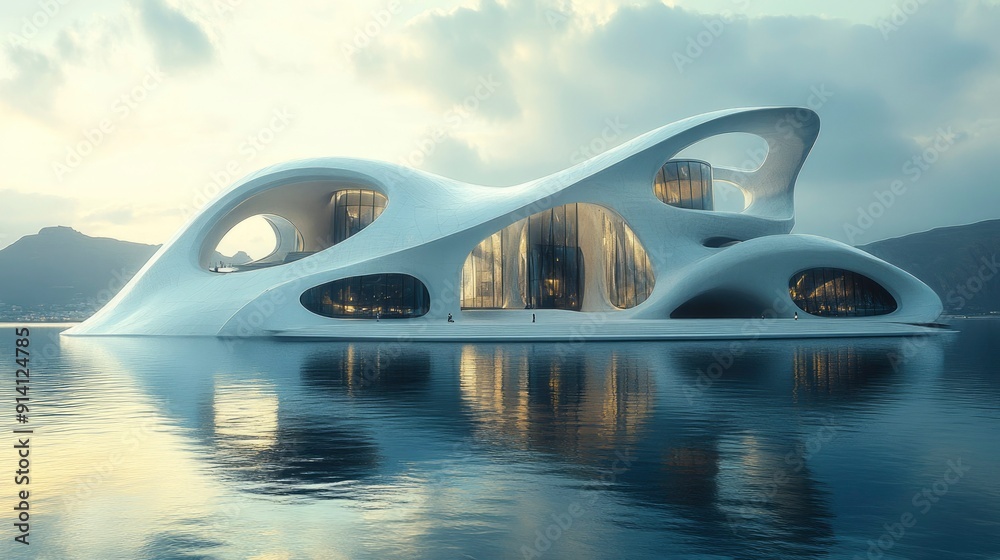 Futuristic White Building Floating on Calm Water Futuristic White Building Floating on Calm Water