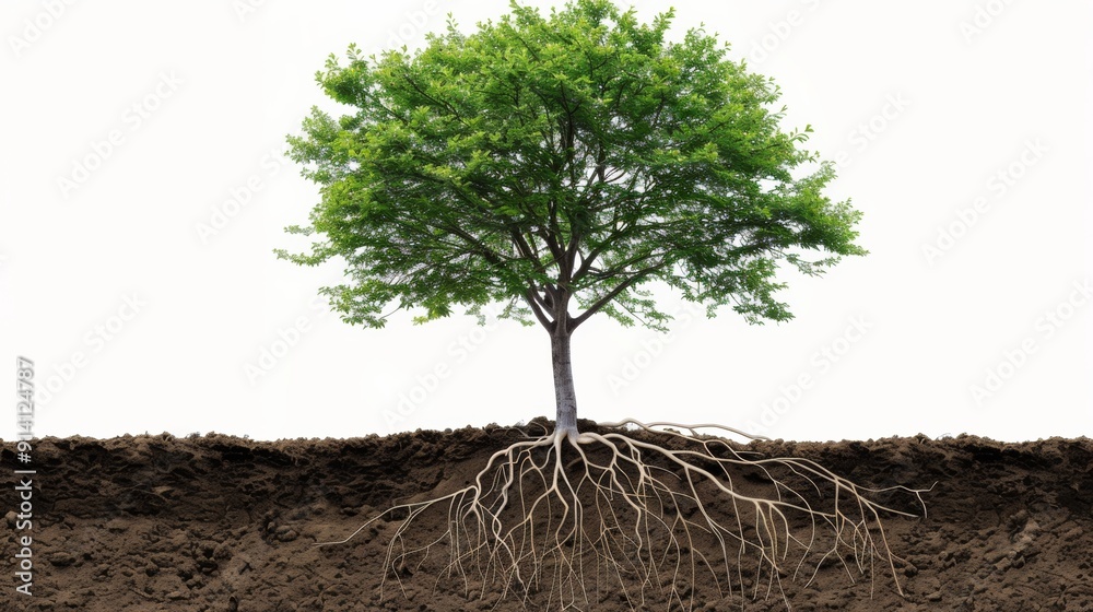 Obraz premium A tree with lush green leaves stands above ground, revealing its extensive roots beneath the soil, illustrating its strong foundation and connection to the earth.