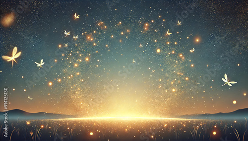 A particle effect wallpaper with glowing fireflies in a summer night sky on a plain background