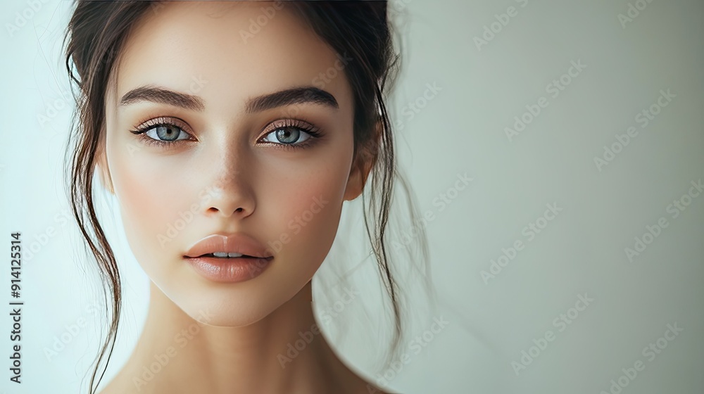 A portrait of a beautiful female model with perfectly clean skin, radiating natural beauty against a light backdrop A portrait of a beautiful female model with perfectly clean skin, radiating natural beauty against a light backdrop