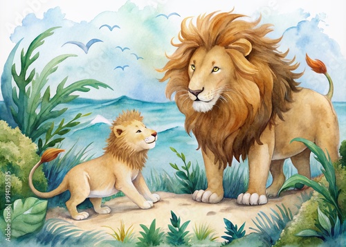 Adorable watercolor illustration of a lion and cub playing together, surrounded by subtle ocean waves and seaweed, perfect for a heartwarming Father's Day greeting.