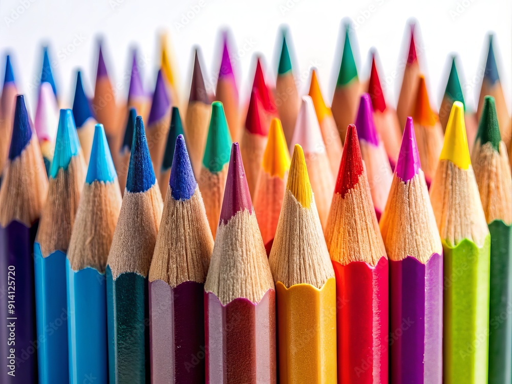 Vibrant colour pencils standing upright in a neat row on a pristine white background, sharp tips and rich hues capturing attention in stunning macro detail. Vibrant colour pencils standing upright in a neat row on a pristine white background, sharp tips and rich hues capturing attention in stunning macro detail.