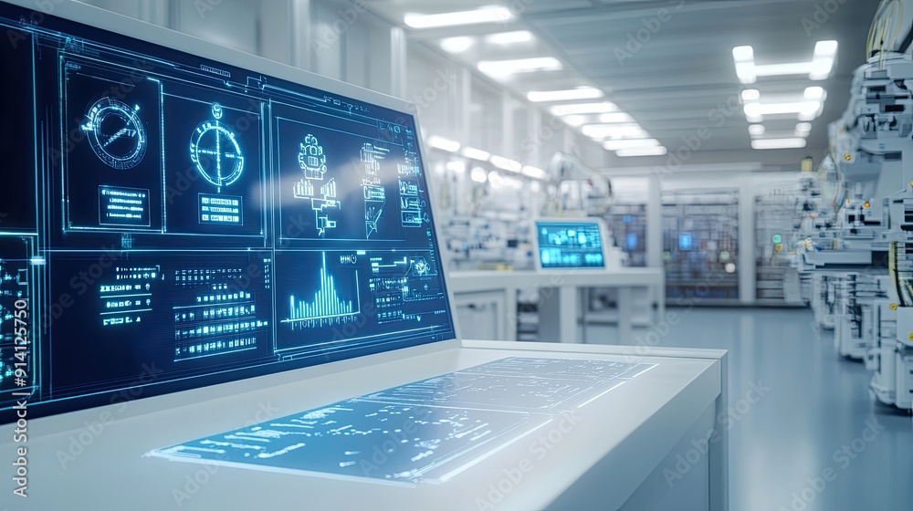 A smart factory control room with icon graphics representing the integration of AI and IoT in automation systems. A smart factory control room with icon graphics representing the integration of AI and IoT in automation systems.