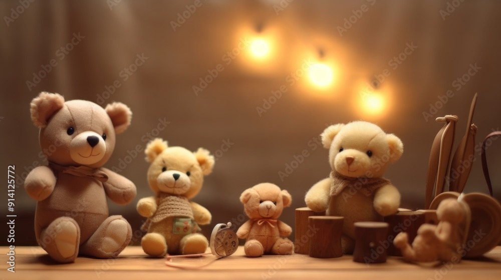 Group of teddy bears sitting on a wooden surface with warm lighting Group of teddy bears sitting on a wooden surface with warm lighting