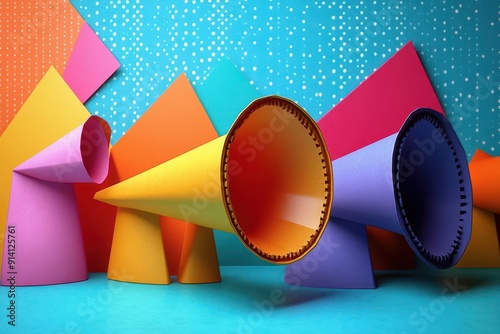 origamiinspired announcement vibrant paper megaphone geometric patterns bold color blocking minimalist design negative space playful typography creative marketing concept photo