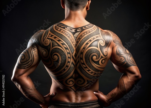 Intricate traditional Maori tattoos adorn a strong male back, swirling patterns of spirals, curves, and lines in black ink, telling stories of ancestry and cultural heritage. photo