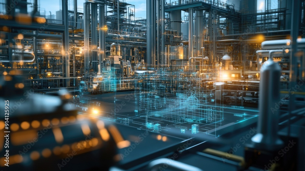 A smart factory with a digital twin interface, showcasing real-time monitoring and automation via Industry 4.0 technologies. A smart factory with a digital twin interface, showcasing real-time monitoring and automation via Industry 4.0 technologies.