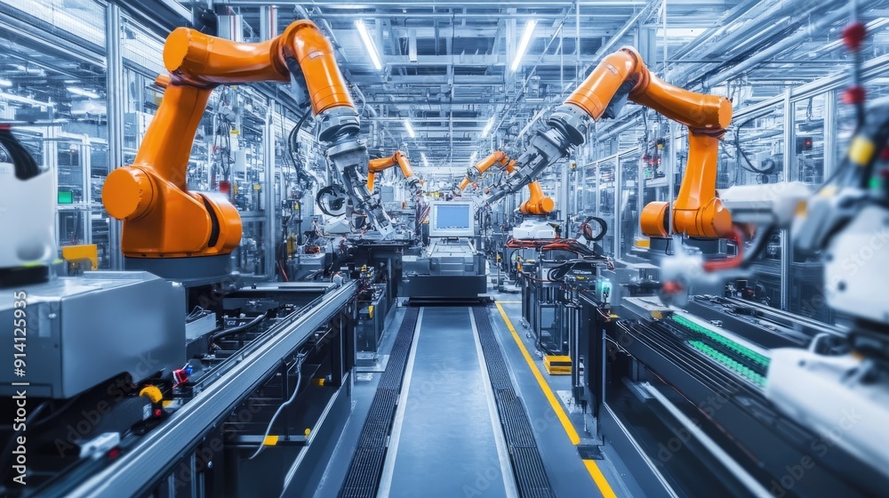 A smart factory floor with robotic arms and automated machinery, connected to an internet network, symbolizing Industry 4.0 technology. A smart factory floor with robotic arms and automated machinery, connected to an internet network, symbolizing Industry 4.0 technology.