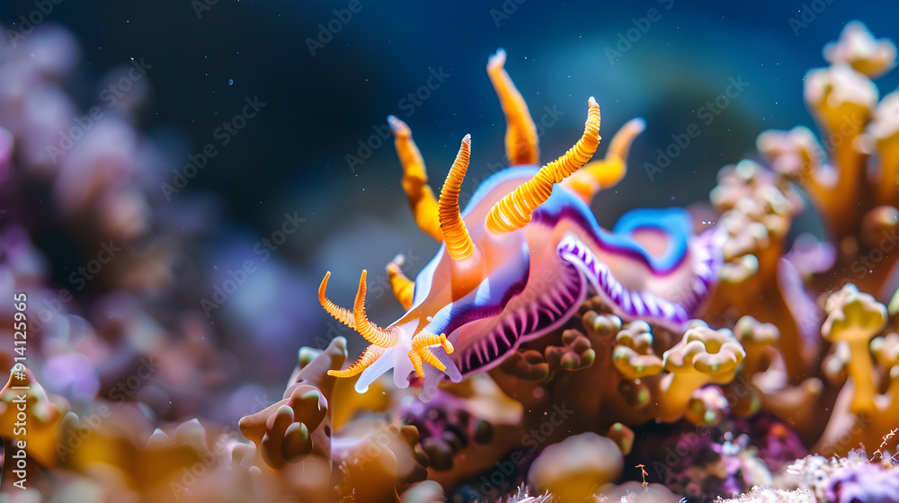 Sea slug in bright orange and blue hues slithers gracefully across colorful coral reef scene. Sea slug in bright orange and blue hues slithers gracefully across colorful coral reef scene.