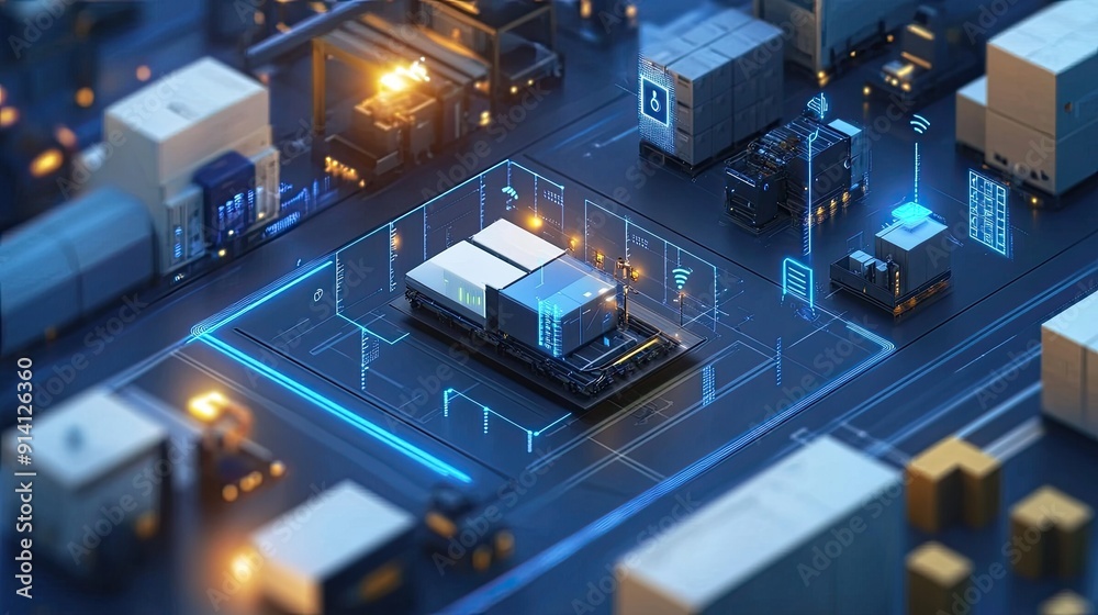 A smart manufacturing plant with icon graphics representing real-time data analytics, AI, and robotics in Industry 4.0. A smart manufacturing plant with icon graphics representing real-time data analytics, AI, and robotics in Industry 4.0.