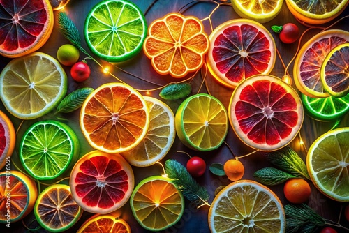 Vibrant neon hues radiate from a tantalizing arrangement of citrus slices, their luminescent curves and shapes bursting with festive energy against a moody dark background. photo