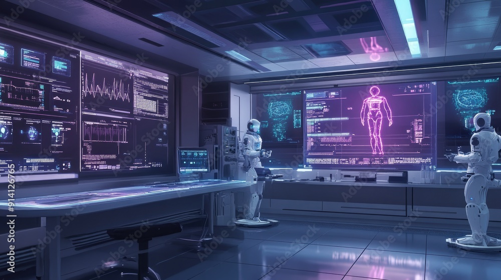An advanced medical laboratory with digital robots and AI-powered holographic displays, illustrating cutting-edge healthcare technology.