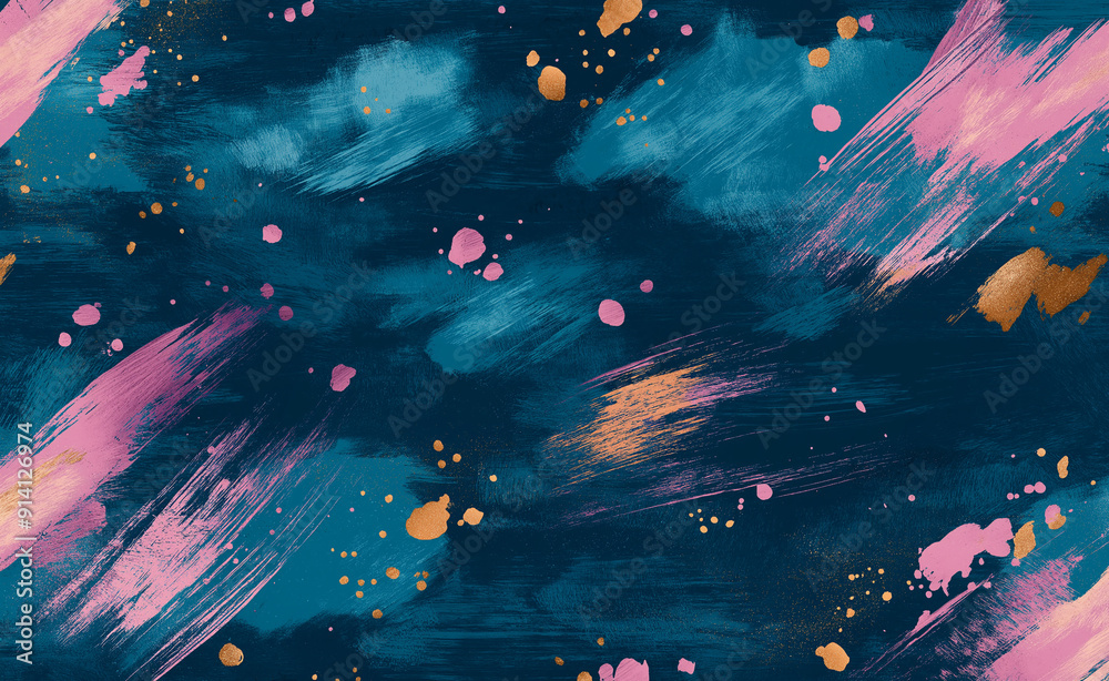 Abstract brush strokes in deep blue, pink, and gold with splashes of paint