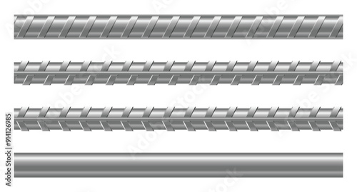Set of realistic metal rods and bars. Collection metal rebars. Seamless steel rebars. Metal rod. Vector illustration