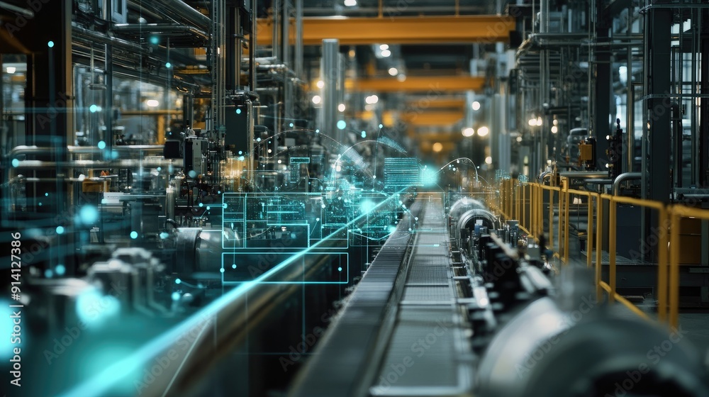Icon graphics overlay of a smart factory's automation and data analytics systems, highlighting the interconnected nature of Industry 4.0. Icon graphics overlay of a smart factory's automation and data analytics systems, highlighting the interconnected nature of Industry 4.0.