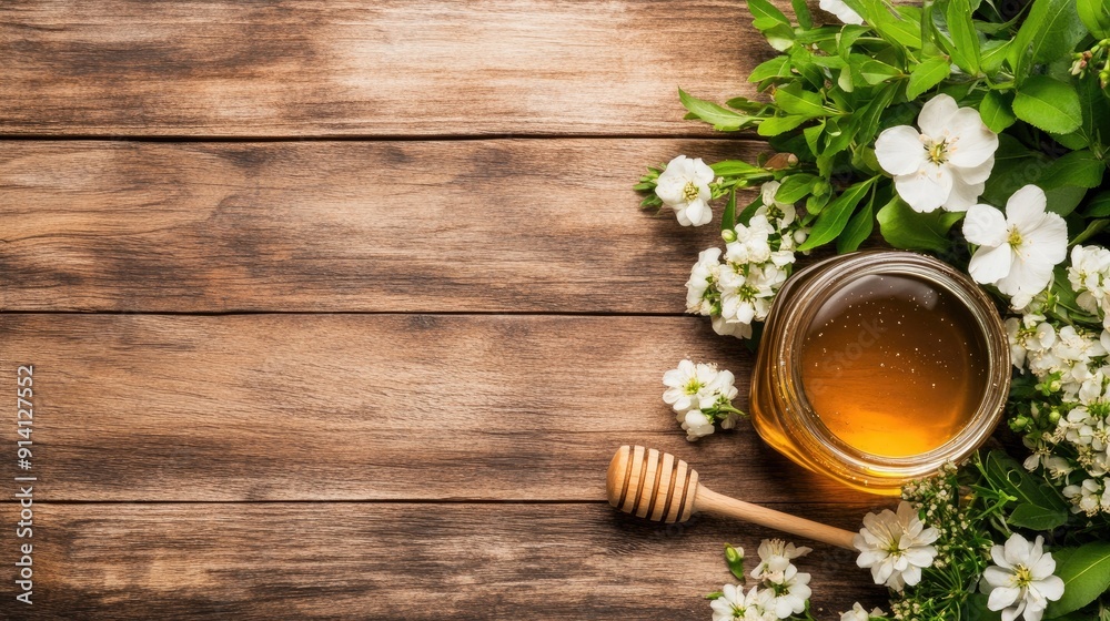 A jar of honey sits on a rustic wooden table, adorned with vibrant wildflowers, set against a serene outdoor backdrop A jar of honey sits on a rustic wooden table, adorned with vibrant wildflowers, set against a serene outdoor backdrop