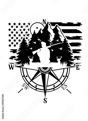 US Deer Hunting | Deer Antler | Adventure Compass | US Mountain Scene | Nature Scene | USA Flag | Hunter Dad | Outdoor Hunting Scene | Original Illustration | Vector and Clipart | Cutfile and Stencil