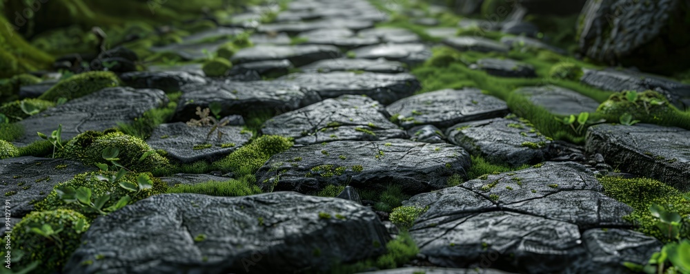 Textured stone pathway with moss, 4K hyperrealistic photo Textured stone pathway with moss, 4K hyperrealistic photo