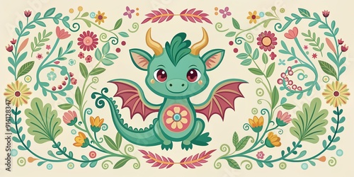 Whimsical minimal flat vector illustration of a cute dragon surrounded by ornate ornaments, flowers, and vines, set within an intricate flower frame border.