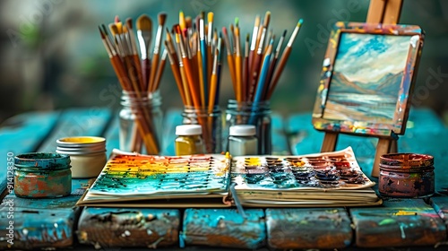 Neatly organized artistic travel items such as a sketchbook, colored pencils, portable easel, travel-size watercolor set, and paintbrushes, displayed with a clear area in the center for text, featurin photo