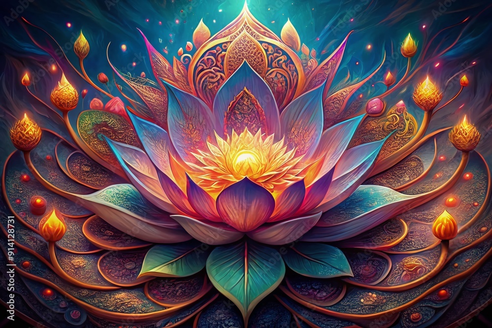 Vibrant colorful lotus flower blooms amidst swirling abstract patterns and intricate filigree, evoking festive Diwali celebrations in a stunning AI-generated artistic representation. Vibrant colorful lotus flower blooms amidst swirling abstract patterns and intricate filigree, evoking festive Diwali celebrations in a stunning AI-generated artistic representation.