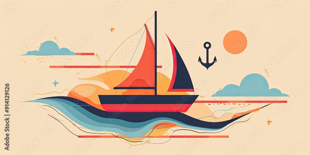 Stylized sailboat on waves with an anchor. Stylized sailboat on waves with an anchor.