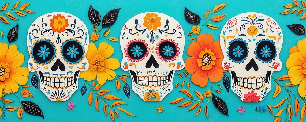 Elaborate mural featuring Day of the Dead motifs, showcasing artistic heritage