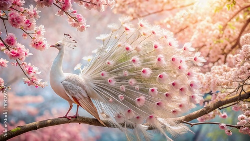 Vibrant white peacock spreads majestic plumage amidst blush-hued cherry blossoms, delicate feathers glisten in soft light, symbolizing spring's gentle beauty and new life.