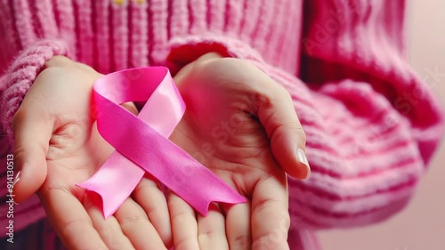 Woman holding pink ribbon for breast cancer awareness
