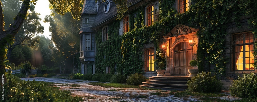 Manor with ivy-covered walls, 4K hyperrealistic photo Manor with ivy-covered walls, 4K hyperrealistic photo