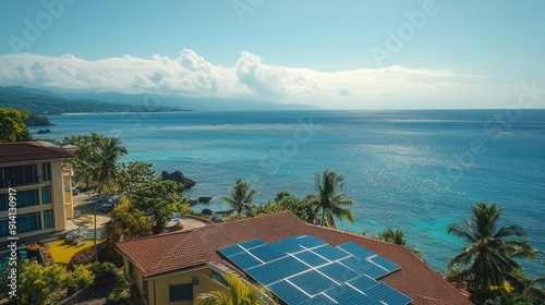 Photovoltaic rooftop on a hotel, with solar panels glistening under the island sun.
