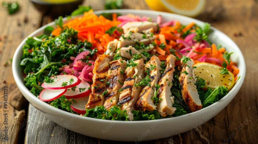 A colorful lunch salad with grilled chicken slices, featuring a mix of fresh vegetables such as radish, carrot, kale, and pickled onions, served in a white bowl. A colorful lunch salad with grilled chicken slices, featuring a mix of fresh vegetables such as radish, carrot, kale, and pickled onions, served in a white bowl.