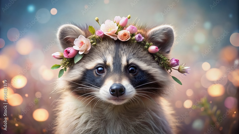 Φωτογραφία Adorable raccoon portrait with delicate flowers woven into its fur, posing on a soft, whimsical pastel background, exuding innocence and playfulness