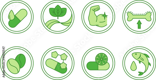 Green Labels for Medicine and Food Packaging. Vector Icons of Vitamin E, Fiber, Protein, Calcium, Caffeine, Minerals, Vitamin C, Omega 3 Fatty Acids