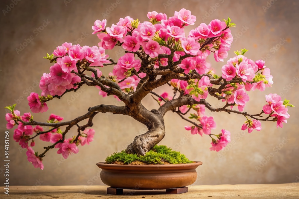 Vibrant pink sakura blossoms adorn a meticulously pruned bonsai tree, set against a soft, creamy background, with intricate branches and delicate petals in perfect harmony. Vibrant pink sakura blossoms adorn a meticulously pruned bonsai tree, set against a soft, creamy background, with intricate branches and delicate petals in perfect harmony.