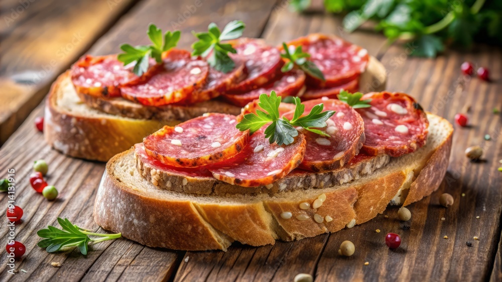 Vibrant open-faced sandwich featuring thinly sliced Spanish salami with aromatic spices atop a crusty bread, perfect for a satisfying snack or light meal. Vibrant open-faced sandwich featuring thinly sliced Spanish salami with aromatic spices atop a crusty bread, perfect for a satisfying snack or light meal.