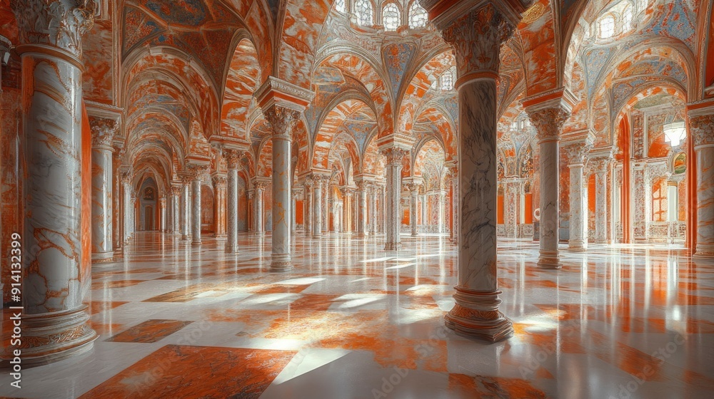 Interior of a grand hall with ornate columns and a painted ceiling Interior of a grand hall with ornate columns and a painted ceiling