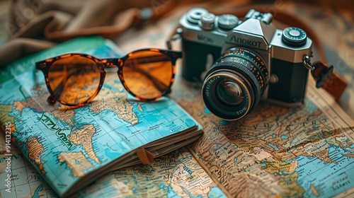 Passport, camera, sunglasses, map, and hat neatly laid out with space for text in the middle, photographed with natural light and a tidy, minimalist aesthetic, hd quality --ar 16:9 --v 6.