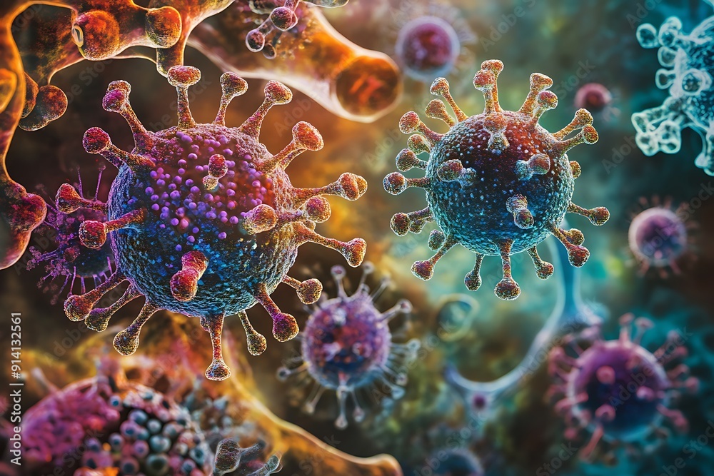 Vibrant Microscopic Viruses - Detailed and Dynamic Illustration Vibrant Microscopic Viruses - Detailed and Dynamic Illustration