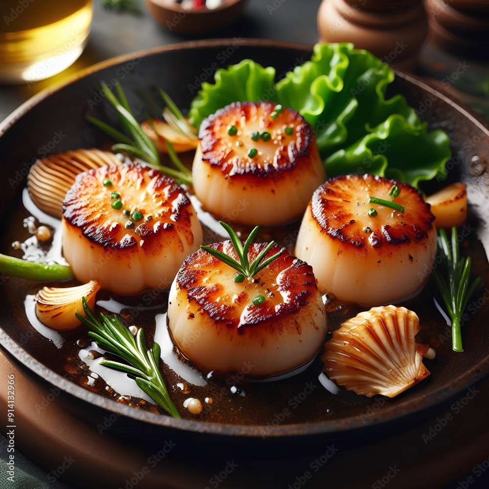 Close up of pan seared fresh sea scallops. Close up of pan seared fresh sea scallops.