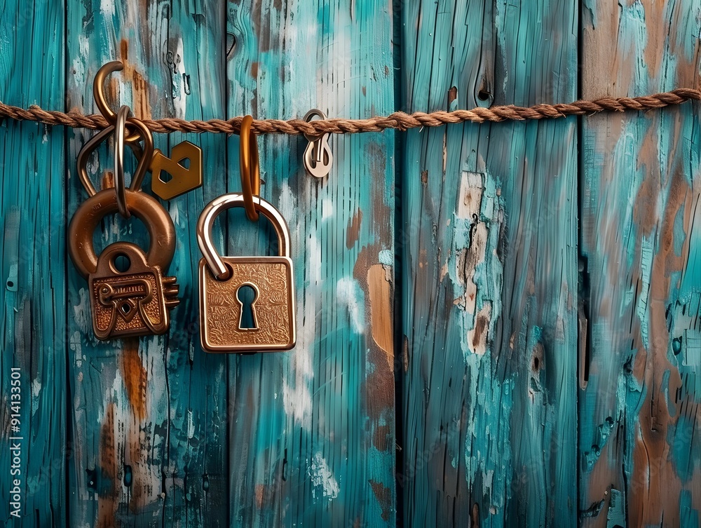 Antique Keys and Locks Hanging on a Weathered Wooden Fence.