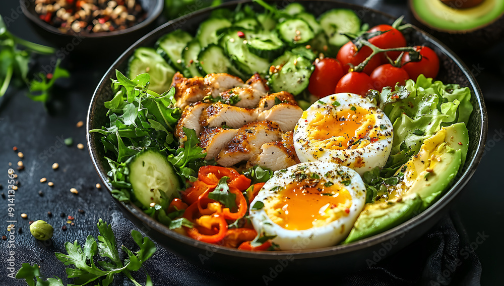 Top-View Vegan Bowl with Eggs, Chicken, Vegetables on Dark Background, Avocado and Fresh Greens for Weight Loss Top-View Vegan Bowl with Eggs, Chicken, Vegetables on Dark Background, Avocado and Fresh Greens for Weight Loss