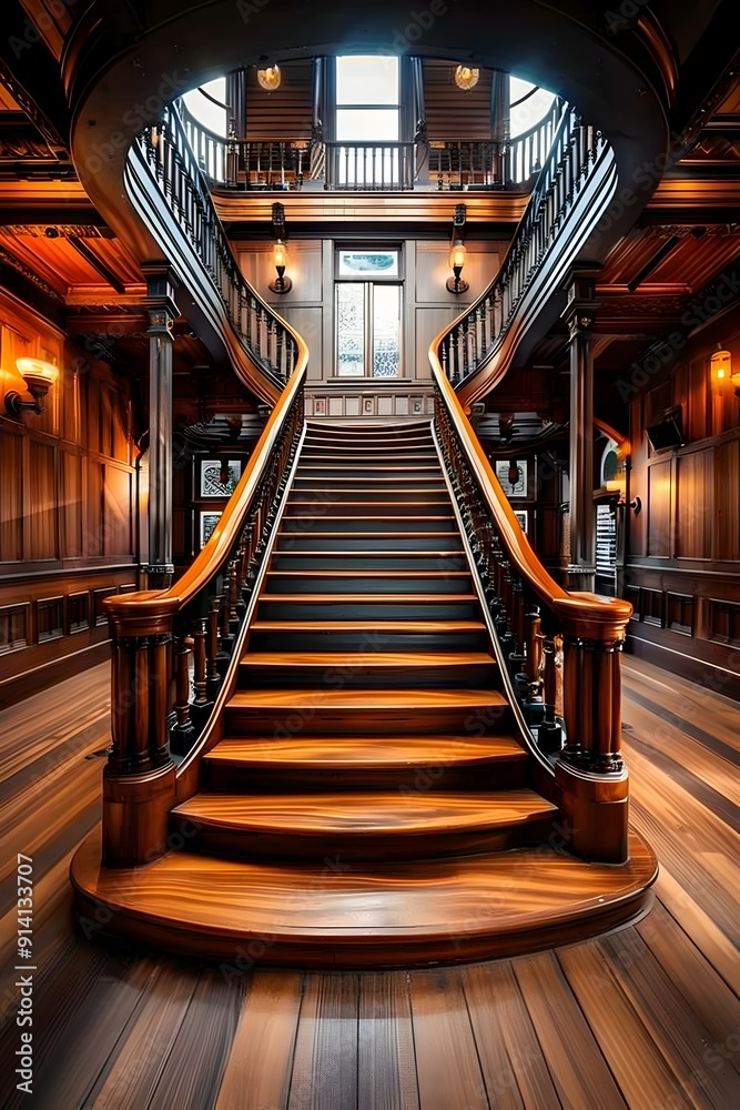 Obraz premium Elegant Wooden Staircase in a Historic Building.